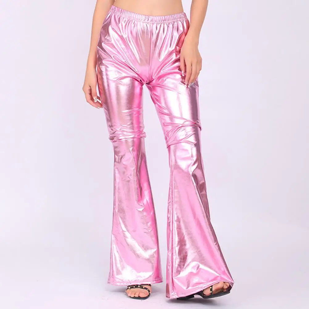 

Women Flared Pants Vintage Disco Party Costume Clubwear Women's Shiny Metallic Bell-bottomed Pants with Elastic Waist for Stage