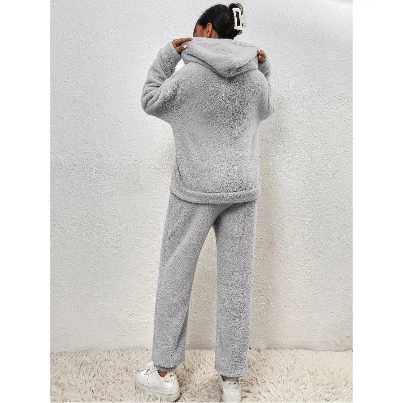 Autumn Winter Women Fleece Two Piece Set Elegant Long Sleeve Pocket Loose Hoodies Pants Suit 2024 Teddy Plush Outfits Homewear