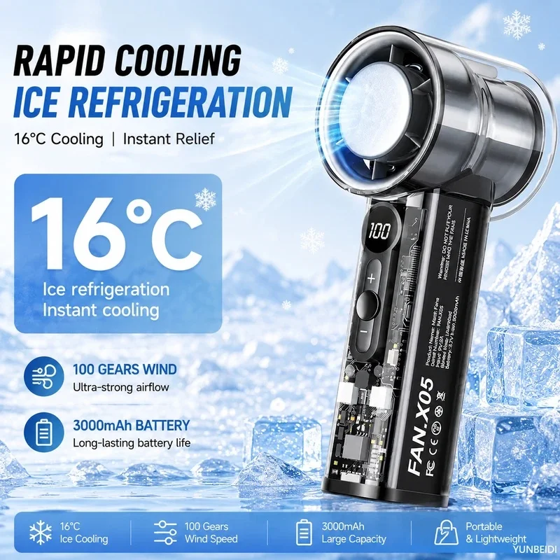 Turbo Fan Usb Rechargeable Foldable Hand Held With LED Display 5 Speed Adjustable Mini Portable Fan