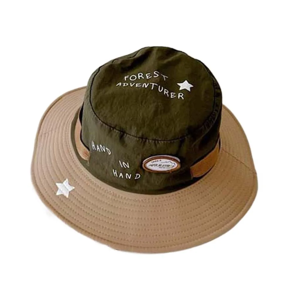 

Breathable Children Fisherman Hat Contrast Color Korean Style Kids Bucket Cap Letter Embroidery Windproof Rope Quick-dry Sun Hat