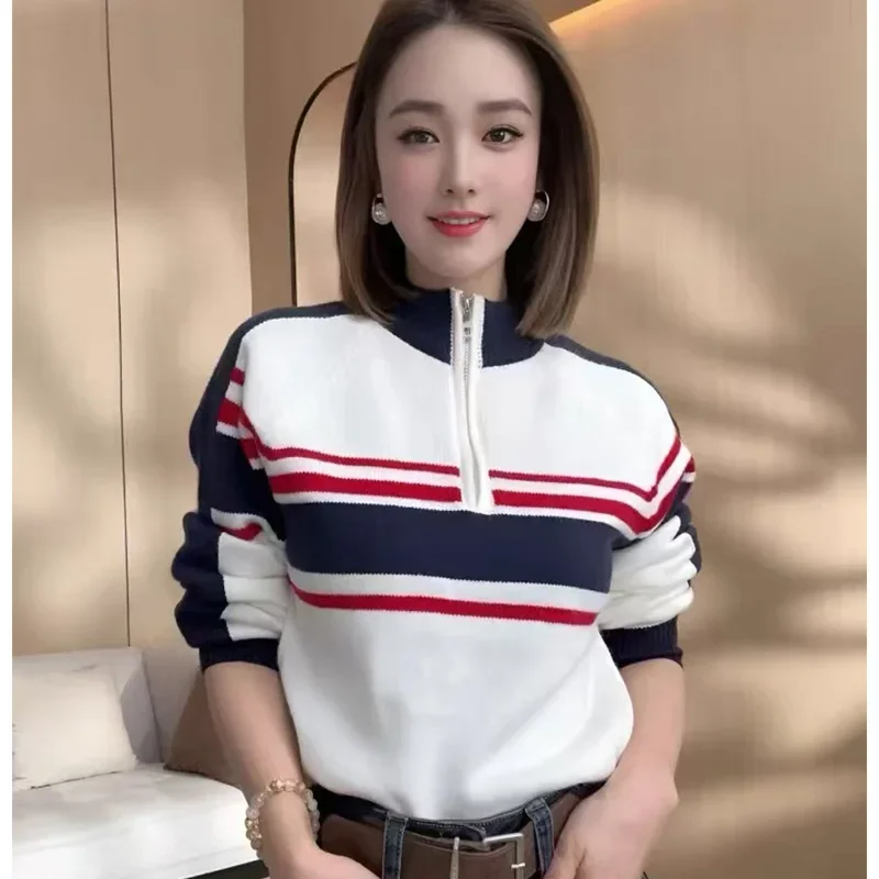 

Autumn Winter Fashion Casual Striped Zipper O-neck Sweaters Women's Clothing Loose Commute Knitted Pullovers