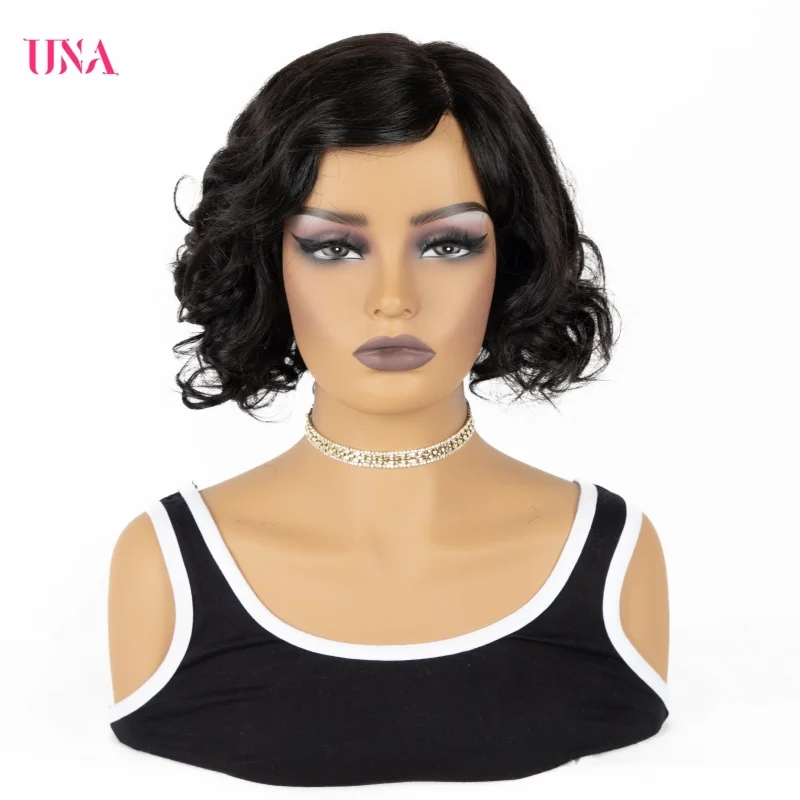 Una Short Women Wig Human Hair Curly Wig With Hand Made Natural Lace Hair Line Side Part Lace  Human Hair Wigs