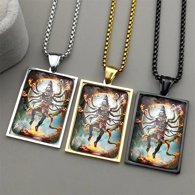 

Indian Hinduism Shiva Rectangle Glass Pendant Necklace for Men Women Stainless Steel Gold Color Chain Hindus Amulet Jewelry