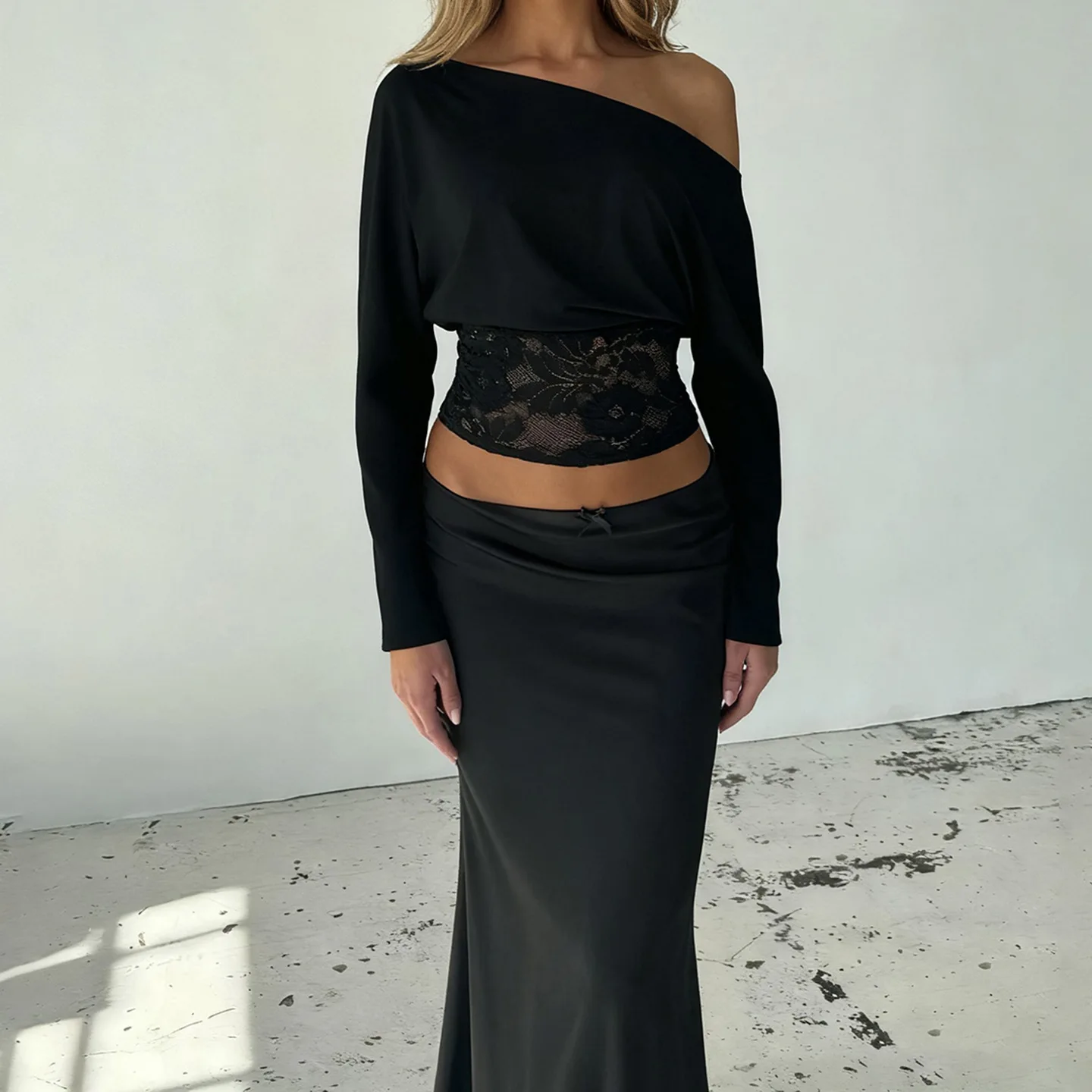 

Pure Sexy Lace Panel One Shoulder Top Women Autumn European American Style Long Sleeve Waist Cinching Slim Fit Versatile Blouse