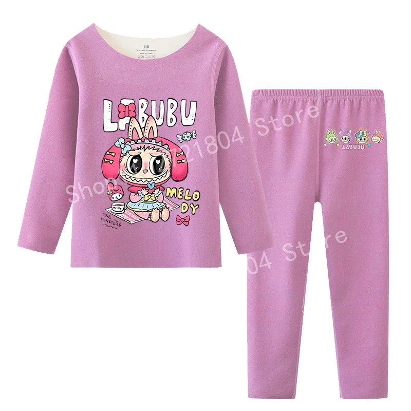 Labubu Child's Sleepwear Long Sleeved Long Pants Sweatshirt Round Neck Printed Cartoon Pullover Cute Christmas Anime Gift Tops