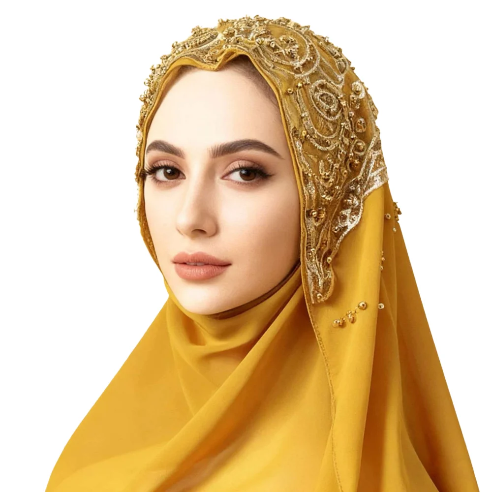 

Модный шарф-хиджаб с бисером, популярный этнический исламский головной платок из шифона, легко надеваемый головной убор для девочек-подростков