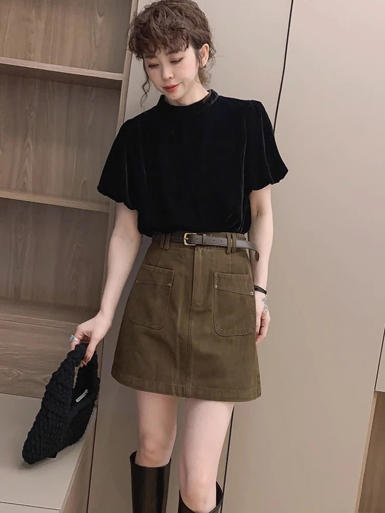 Slimming Velvet Bubble Sve T-irt Comfortable Versatile Women's Base irt Korean Sle round Ne ort Sve Top