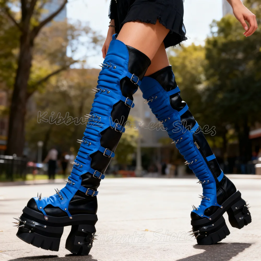 Готические ботинки на платформе выше колена в стиле пэчворк, модная новинка в стиле панк-рок, пикантная элегантная обувь с круглым носком на массивном каблуке, пикантная обувь для девочек, новинка