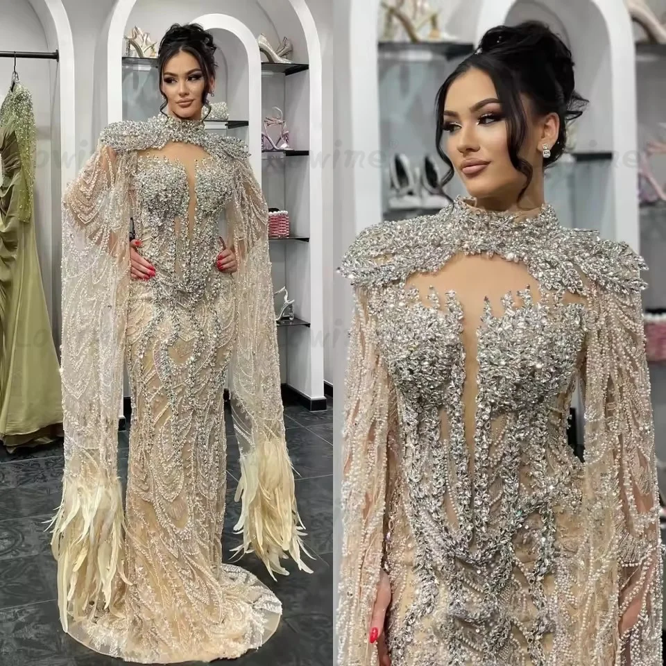 

Роскошные вечерние платья с перьями шампанского, блестящие кристаллы, платье русалки для выпускного вечера со стразами и накидкой на рукавах, вечерние платья в Дубае, Vestidos