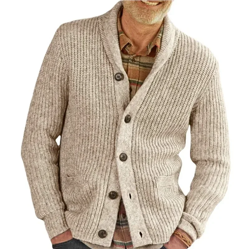 

New Men Autumn Winter Cardigan Sweaters Coat Knitted Full Sleeve Single Breasted Turn Down Collar Thick Solid Open Stitch Coats