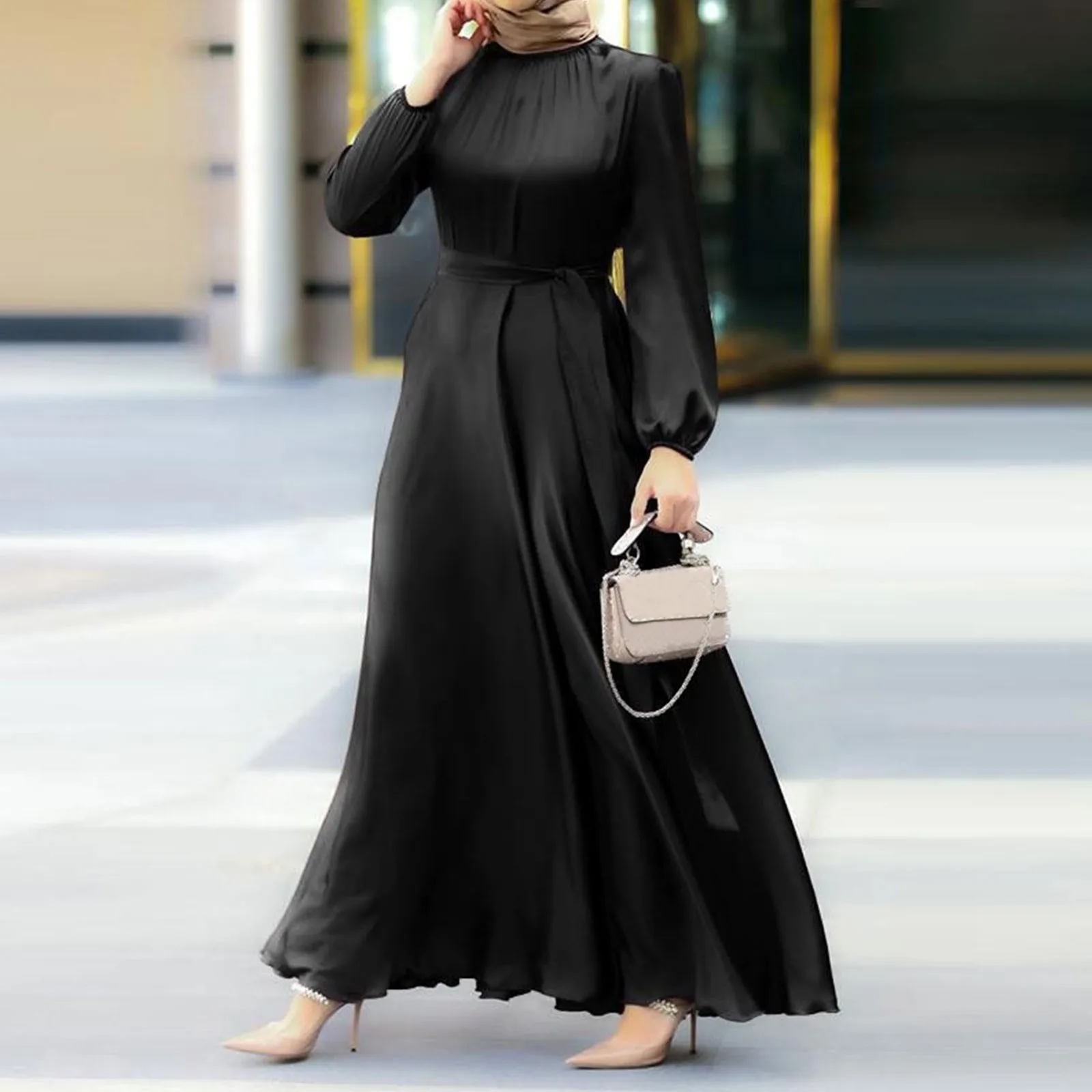 Ramadan Abaya 2024 Muslim Dubai Abaya Women\'s Solid Colour Casual Round Neck Lantern Long Sleeve Tied Waist Slim Loose Dresses