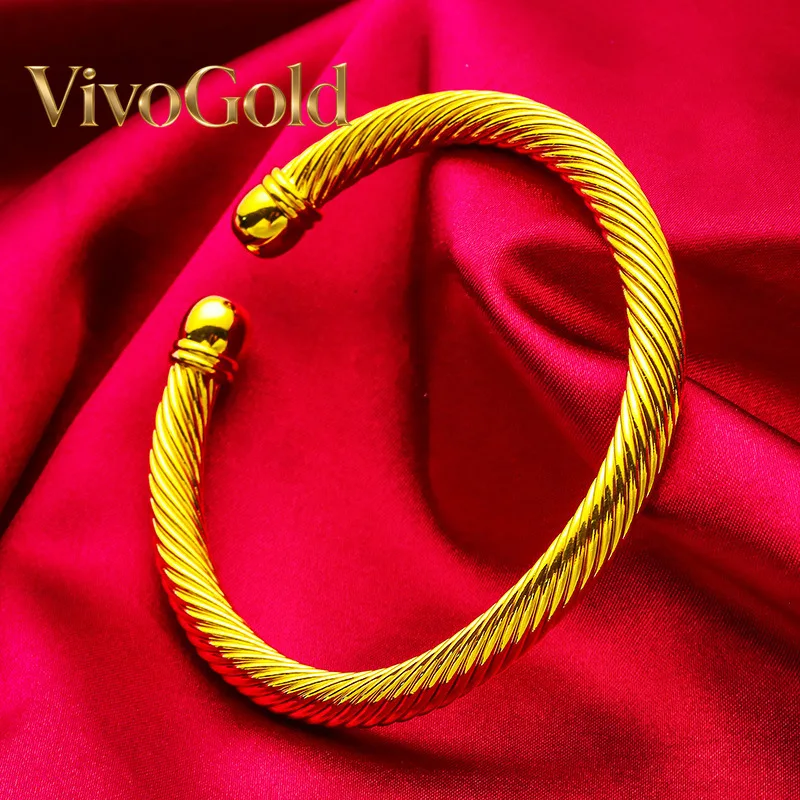 

Золотой браслет VivoGold 24K, 6 мм, витой, открытый | Золотое украшение AU999, 3D-узор с витым узором, регулируемый размер, элегантное и изящное, для повседневной носки.