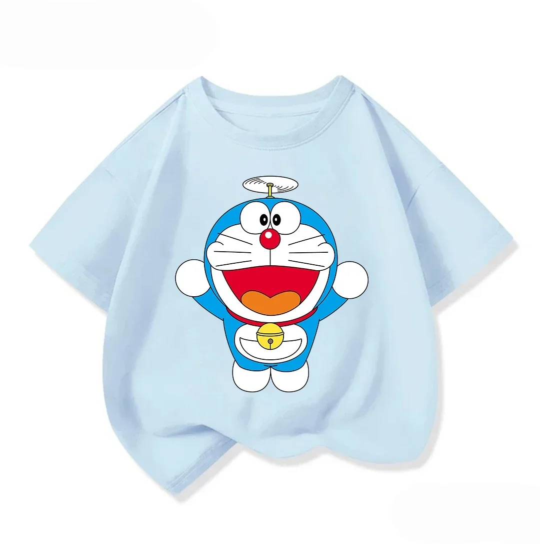Trendy Kids Short Sleeve Tee Lovely Doraemon Print Crew Neck Fashion Street Style Summer Tops For Kids Age 3 14 Years