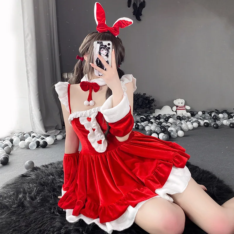 Puur Libido Herfst En Winter Fluweel Sexy Uniform Kawaii Rood Santa Kostuum Roze Halter Meid Jurk Carnaval Maskerade Party Set