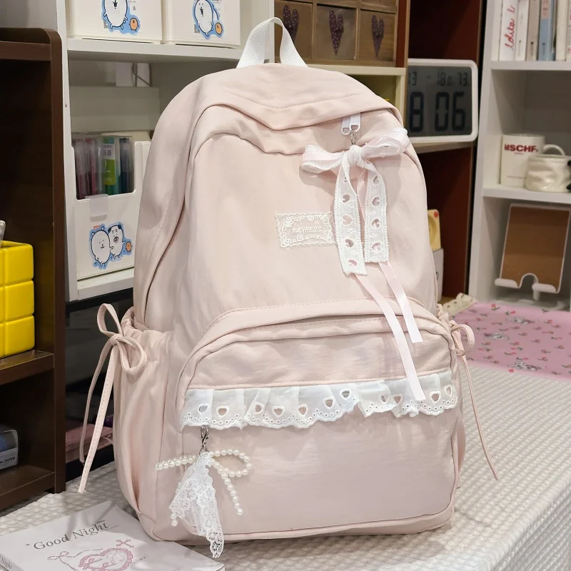 Ladies Stylish Student Schoolbag Large Capacity Casual Bowknot Book Bags Soft Nylon Preppy Knapsack Girl Shopping Date Backpacks