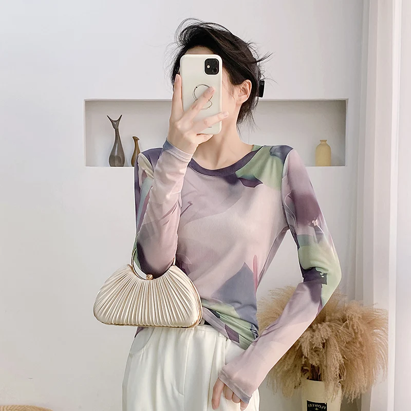 MadBlack-Women European T-Shirt, Sexy O Neck Geometry Print, Fashion Long Sleeve Slim Mesh S-3XL Tee, 2025 Autumn New T59168CC