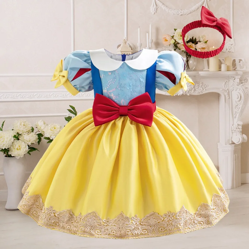 Girls Snow White Princess Costume Short Sleeve Bow Lace Hem Ball Gown Kids Birthday Party Halloween Stage Fancy Dress ASQ03 view 2