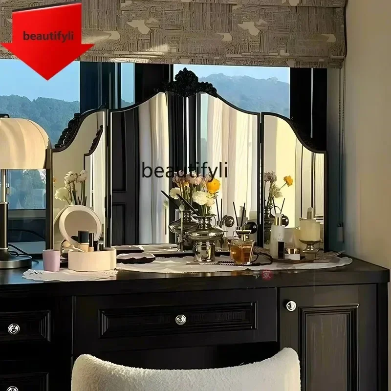 P6239   cqyEuropean retro carved dresser makeup mirror desktop tri-fold mirror bedroom decorative mirror