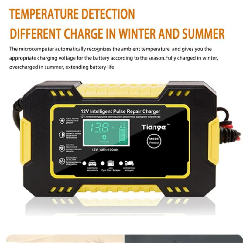 Car Battery Charger 12V Intelligent Pulse Repair LCD Smart Fast Charge AGM Deep Cycle GEL Lead-Acid Charger For Auto Motorcycle