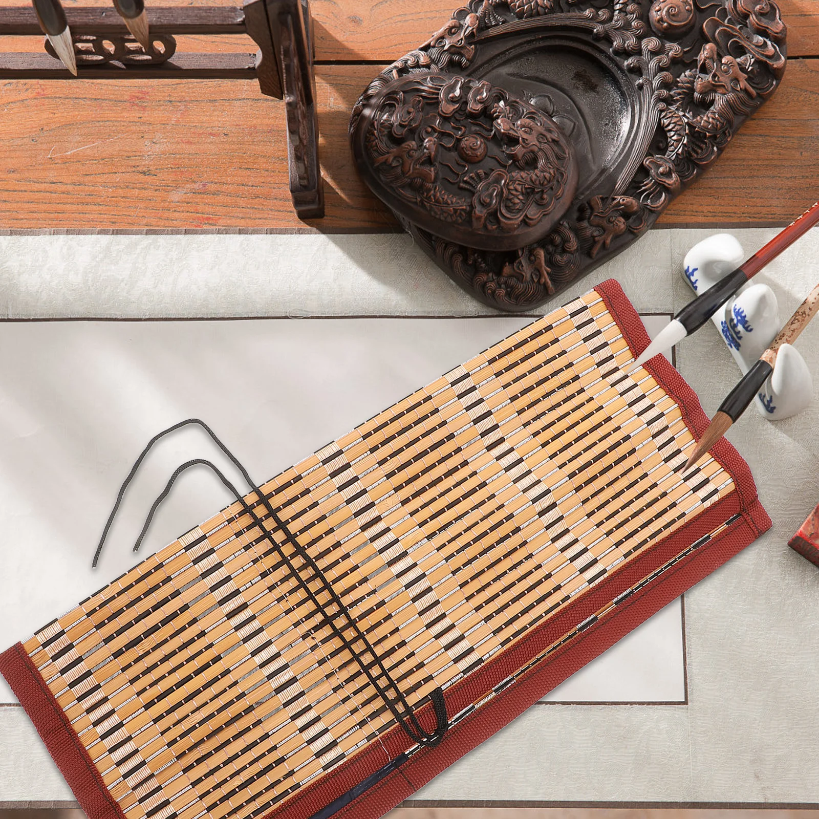 1 szt. Bambusowy organizer na pędzle do kaligrafii, zwijany futerał do przechowywania, 8 przegródek, przenośny, lekki, odporny na wilgoć, zwijany pokrowiec na ołówki.