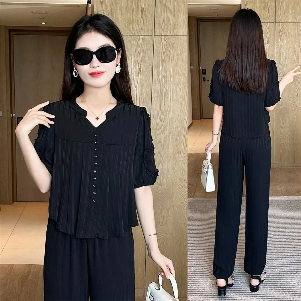 Short Sleeved Oversized Slimming Stylish Casual Summer Set Korean Version Sun Protection Suit For Women Shirt+Pant Two-Piece Set