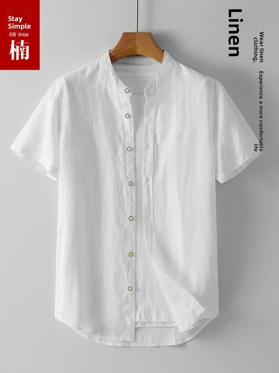 

Мужская летняя рубашка свободного кроя из льна и хлопка, тонкая, дышащая, с коротким рукавом, воротником-стойкой, повседневная, из льняного материала