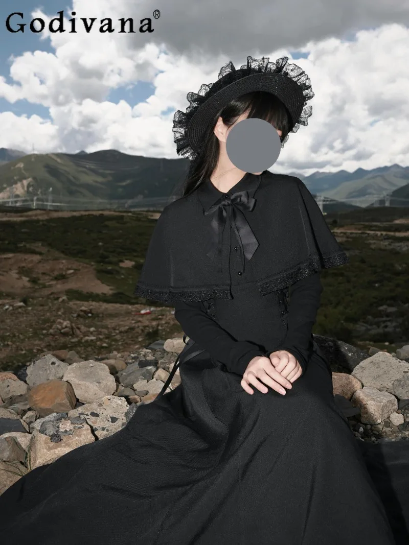 

Lolita Gothic Style Dark Lolita Cape Dress French Retro Autumn Winter Elegant Waist-Cinching Black Women's Long Dress