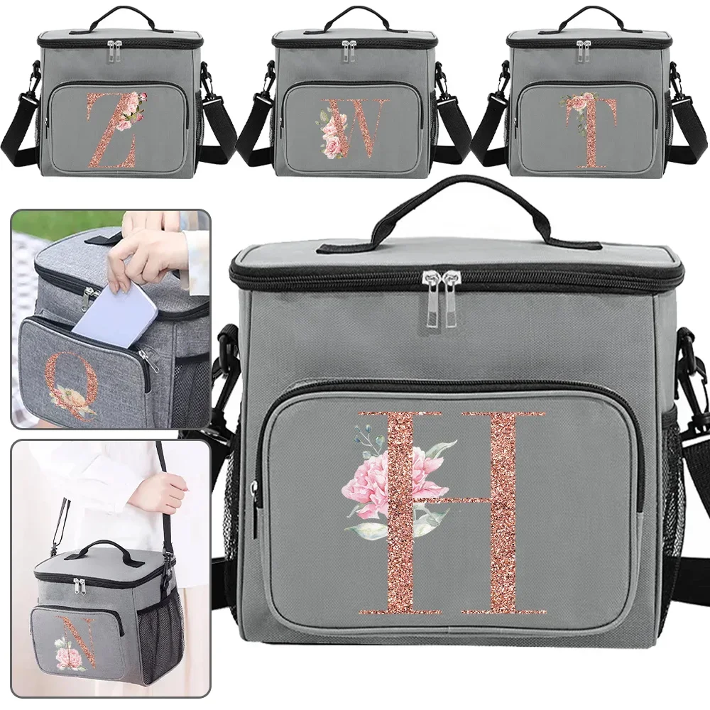 Thermal Lunch Bag for Men Grey Color Dinner Box Rose Gold Series Printing Professionals Waterproof Food Storage with Zip Closure