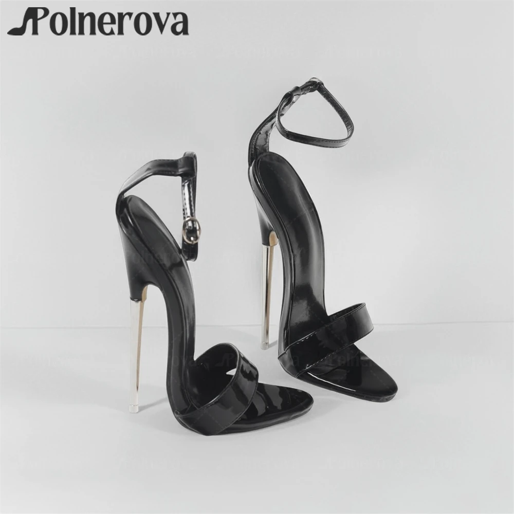 

18cm Silver Metal Heel Sandals Ultimate Stiletto Open Toe Summer Shoes Black Patent Leather Ankle Buckle High Heels Sexy Sandals