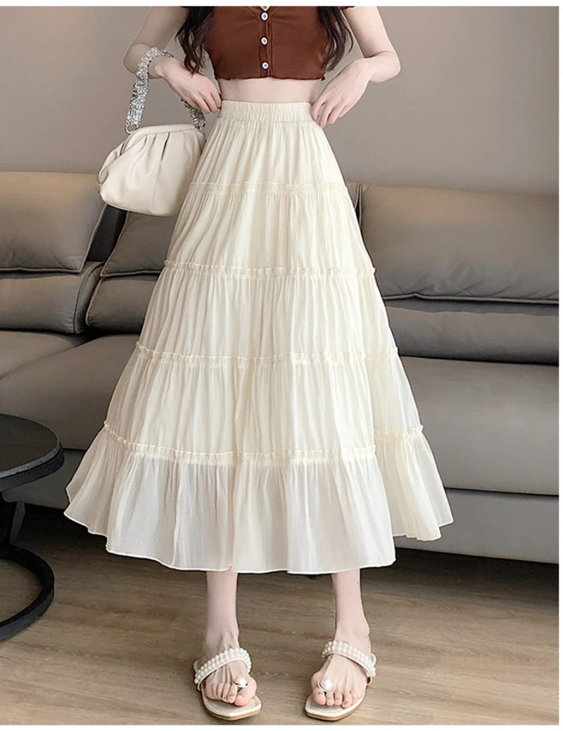 Fungus Edge Tencel Chiffon A-line Cake Skirt High Waist Thin Midi Long Skirt Women Elegant Fairy Summer Autumn Skirts Outfits