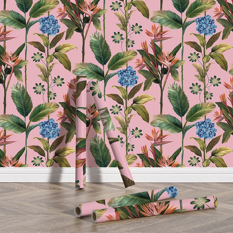 

Pink Floral Leaves Wallpaper Home Decor Waterproof Peel And Stick PVC Wall Sticker Flower Leaf Living Room Kitchen Wallpaper