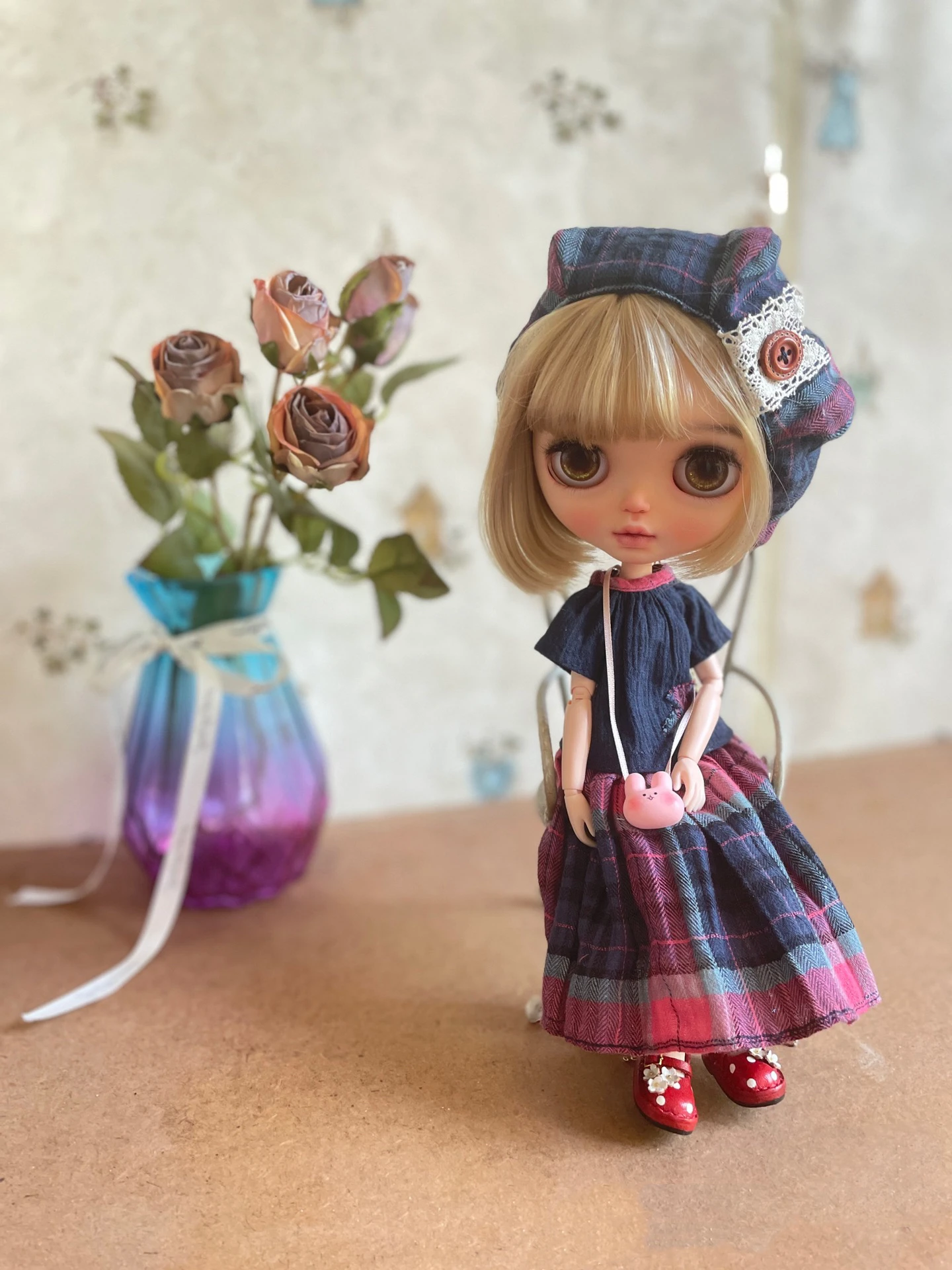 BJD Blythe dress Clothes Spring Magenta check skirt 1/6 30cm  Dolls (Fit for ob11、Pullip,Ob24, ob22、Licca)