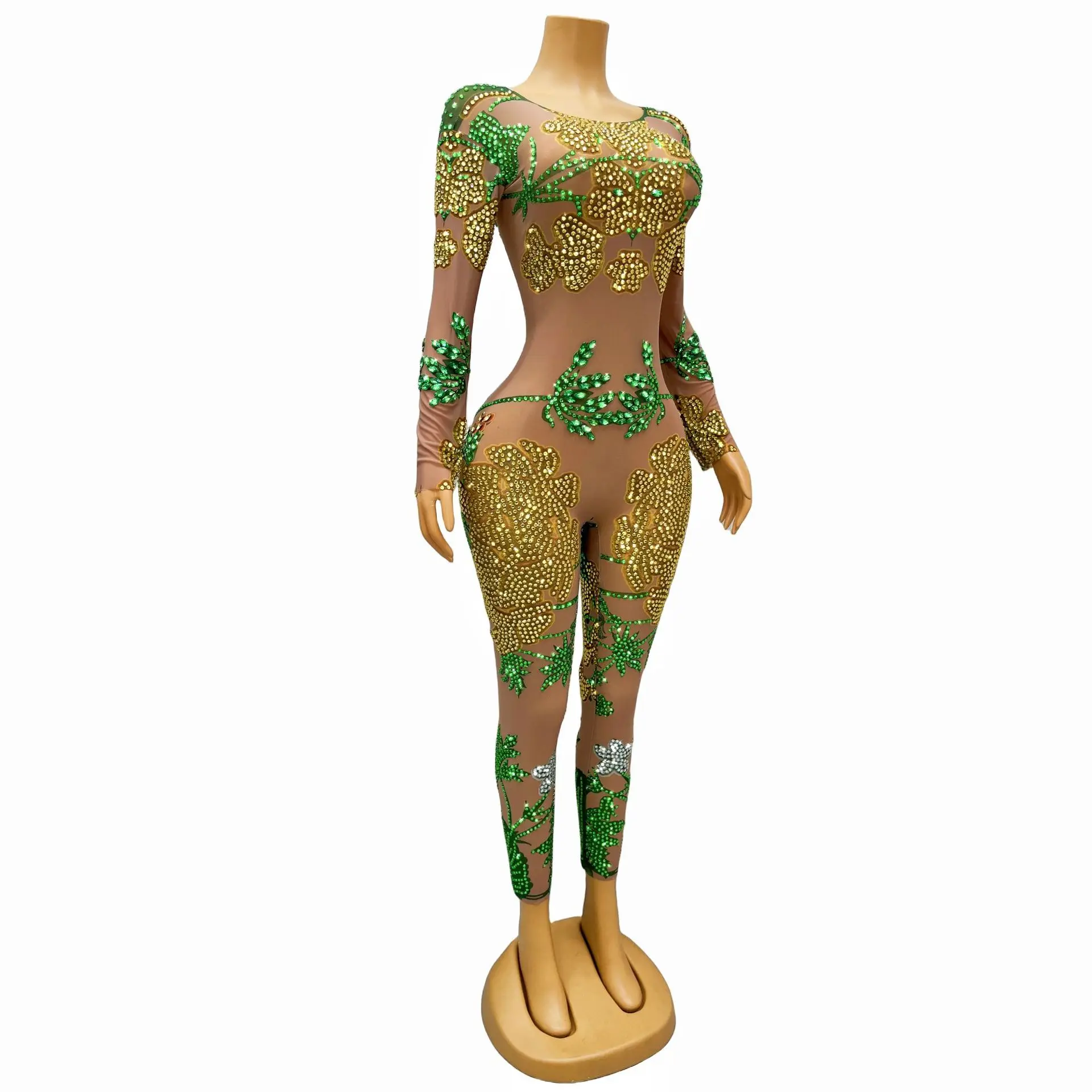 Charakter Diamant Overall Farbige Diamant Sängerin Bühne Langarm Taille Dünne Mesh Kleid frauen Abend Festliche Kleid