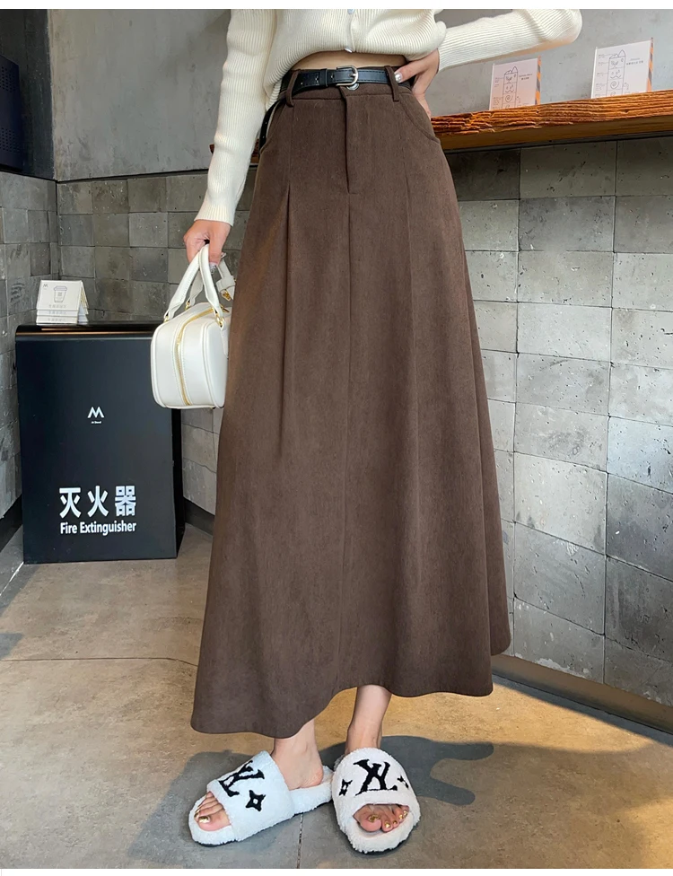 Coffee Color Skirt Women's a Line Long Pleated Skirts Women's Clothing Trend 2024 Korean Fashion Dongdaemun Stylish High Waist