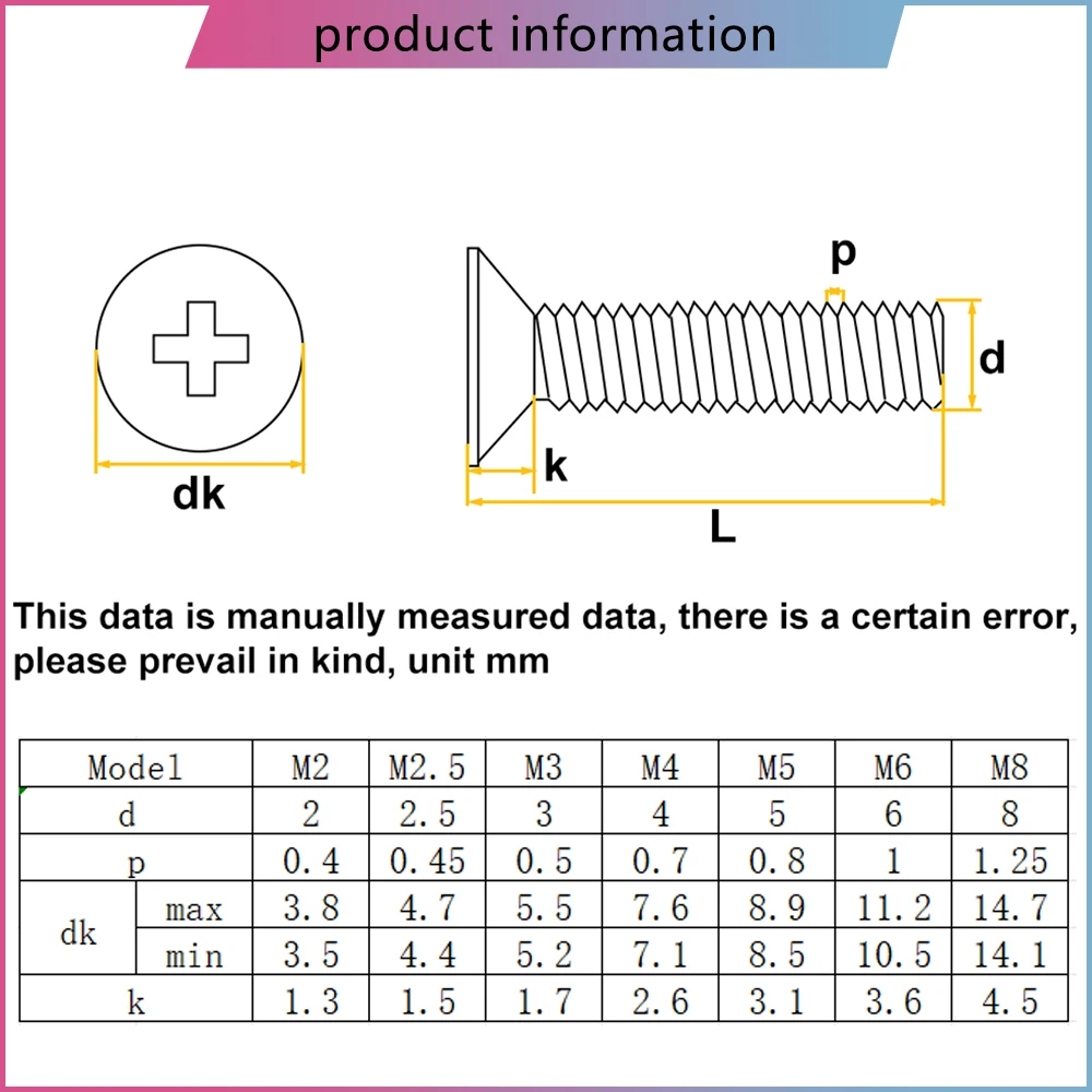 M2 M2.5 M3 M4 M5 M6 M8 White Nylon Phillips Countersunk Head Screws Plastic Phillips Head Bolts Screw Length: 4~50mm 20~300Pcs