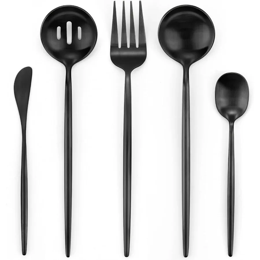 

Matte Black Serving Set 5Piece Stainless Steel Large Hostess Set with Round Edge Satin Finished Dishwasher Safe Large Spoon Lar