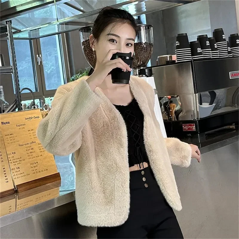 2024 Autumn and Winter New Rabbit Hair Imitate Fur Coat Women\'s Mink Fleece Coat Short Versatile Mesh Red Plush Coat Quilted Coa