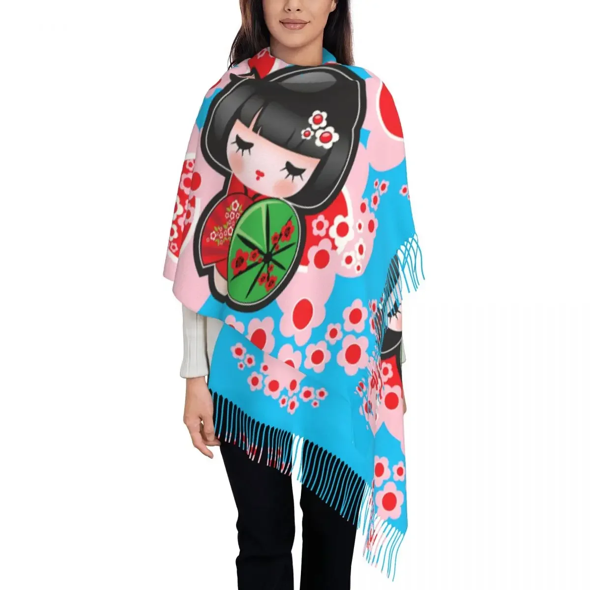 Japanese Red Sakura Scarf Kokeshi Doll Warm Shawls and Wraps with Tassel Womens Retro Scarves Wraps Winter Custom Bandana