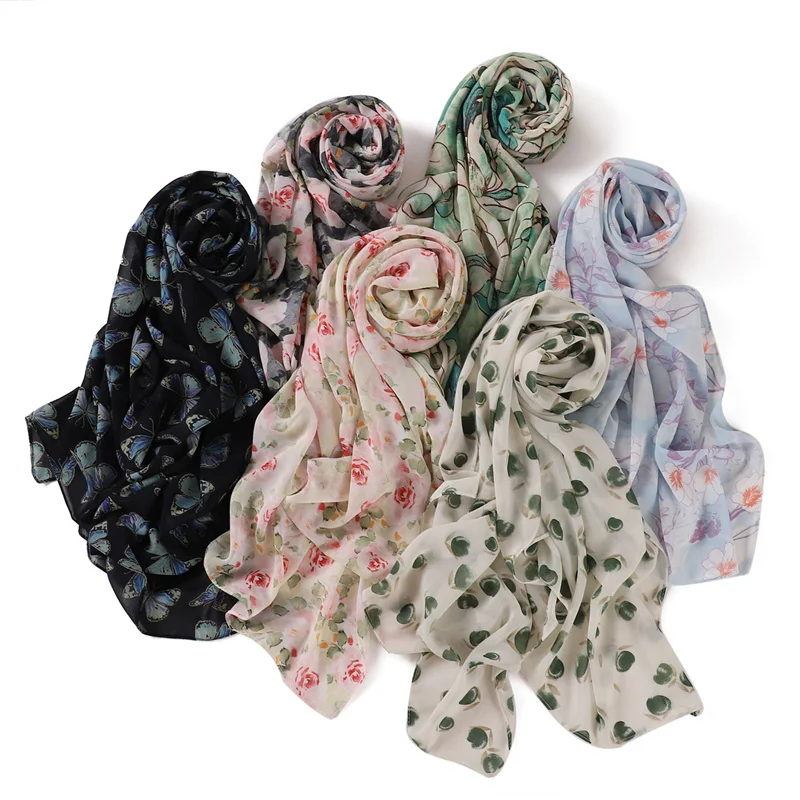 175*70cm Chiffon Hijab New Floral Butterfly Print Long Scarf Wrapped Scarf Muslim Women\'s Hijabs Shawl