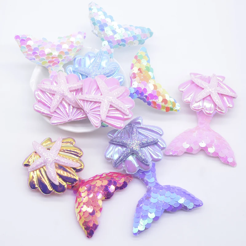 75*58mm Padded Sequins Mermaid Tail Shell Starfish Appliques for DIY Headwear Hair Band Clips Decor Clothes Hat Sewing Patches