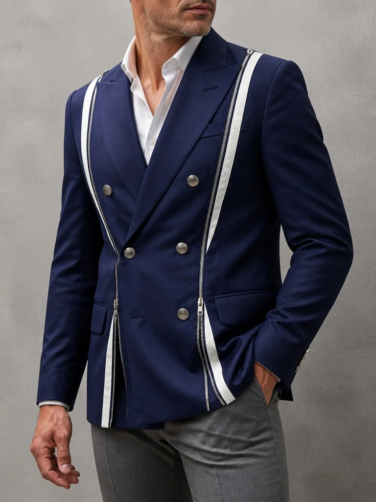 Men's Satin Business Blazer Peak Lapel Zipper Design Double Breasted Slim Fit Wedding Party Formal Stage Banquet Suit Jacket