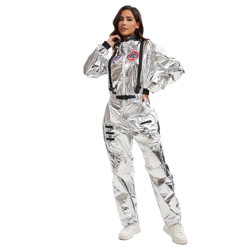 Men's Astronaut Costume Women Astronaut Jumpsuit Silver Space Suit Halloween Cosplay Expore Aliean