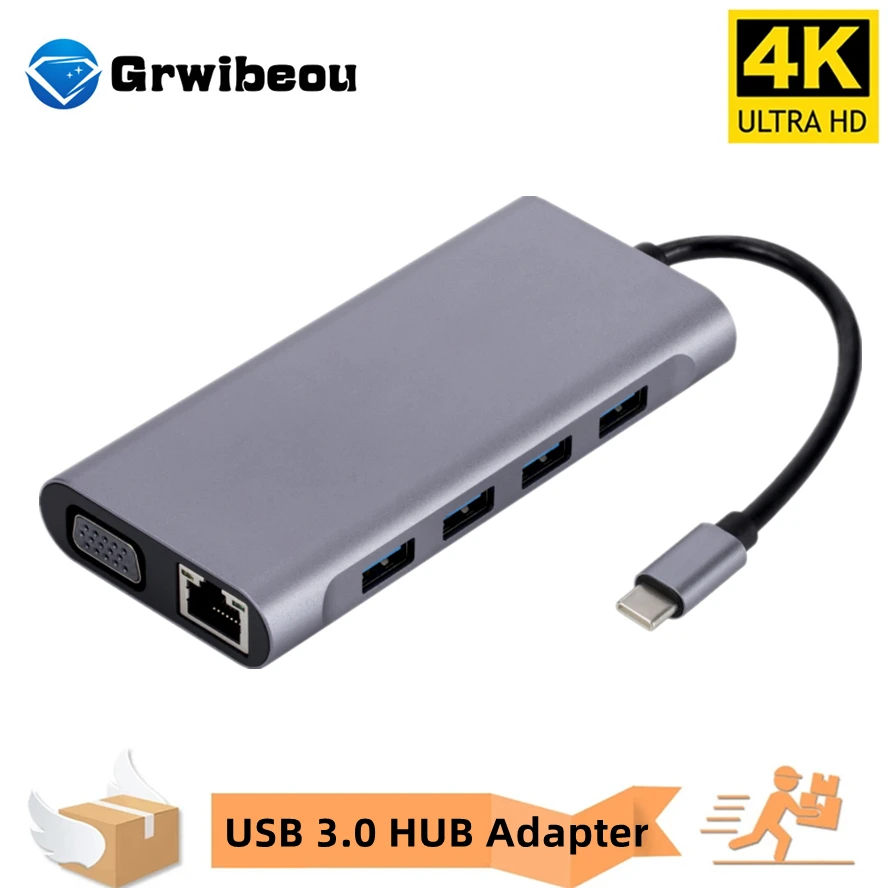 Type-Cドッキングステーション,USB 3.0ハブ,USB Cスプリッター,4K, HDMI, VGA, PD, RJ45,ラップトップ用100mネットワークアダプター,Macbook, 11 in 1