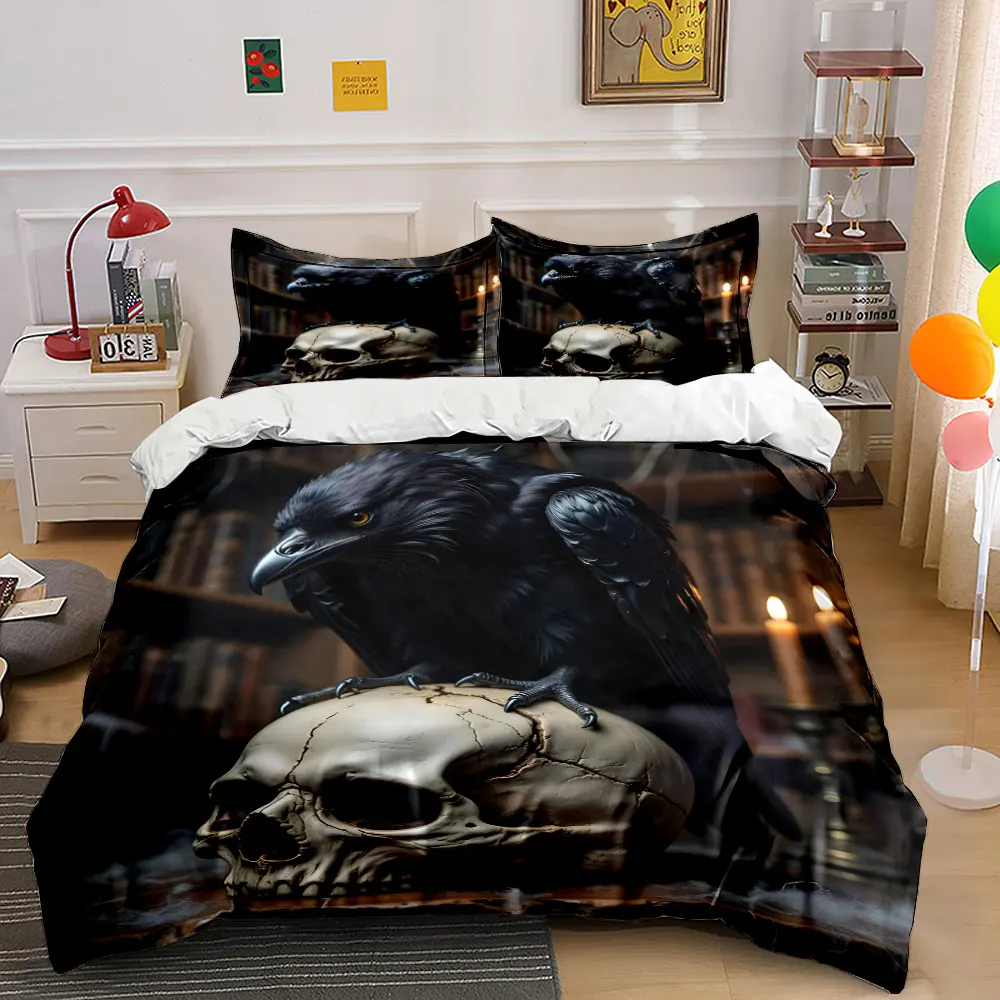 Raven Skull Gothic Style Bedding Set Print Bedding Set 1 Duvet Cover 2 Pillowcases for Adult and Children Luxury Gift Full Size