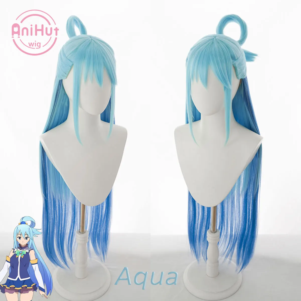 【AniHut】Aqua Blue 100cm de largo Peluca de Cosplay Anime Konosuba la bendición de Dios en este maravilloso mundo pelo sintético Aqua Cosplay