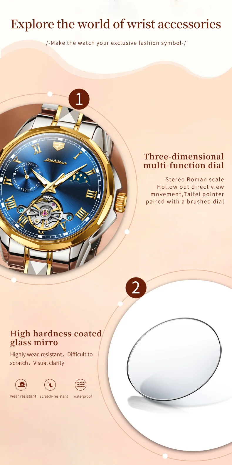 JSDUN Couple Watch Automatic Mechanical Tourbillon Design Tungsten steel Waterproof Moon Phase Date Week Lovers Wristwatch Set