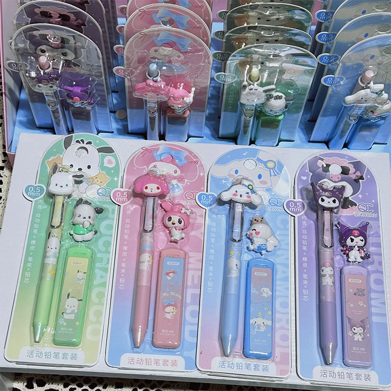 1Set Sanrio Melody Kuromi Cinnamoroll Pochacco 0.5mm Mechanical Pencil Eraser Stationery Set High Face Value Automatic Pencil