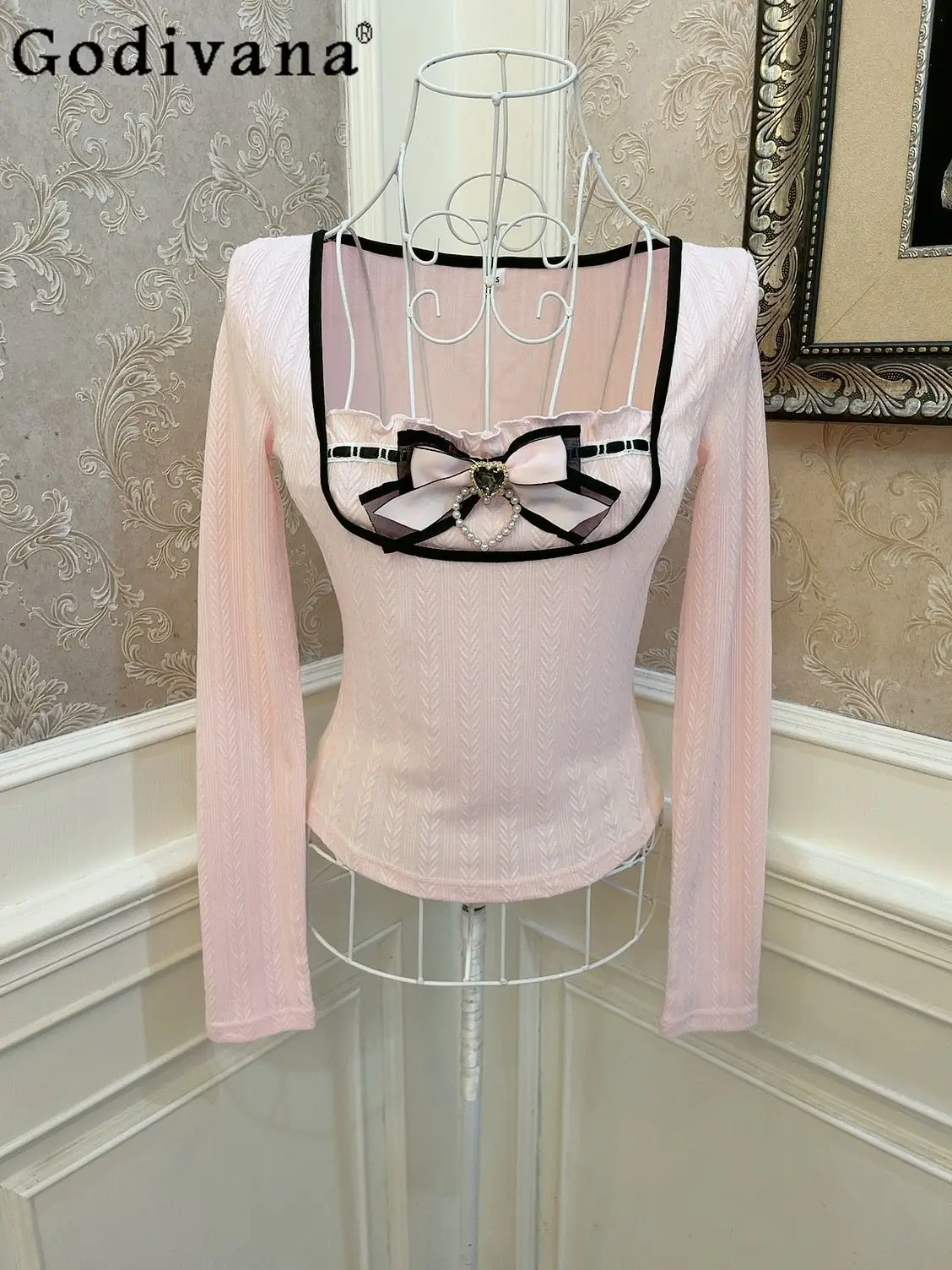 

French Celebrity Style Lolita Pink Knitwear Sweaters Women's Japanese Mine Girls Bow Love Diamond Slim Knitwear Short Top Autumn