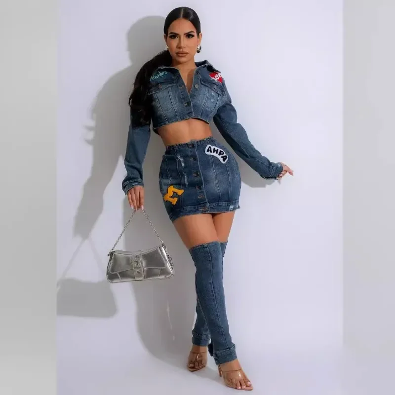 2024 Autumn Denim Embroidery Slim Casual Dress Set Women Turn Down Collar Single Breasted Short Jacket Bodycon Skirt Streetwear