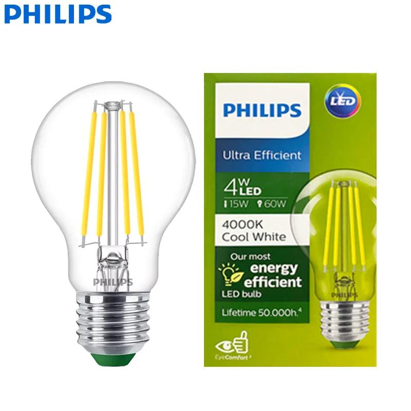 PHILIPS Ultra Efficient LED Filament Bulb Clear A60 E27 4000K Edison Screw 4W Lamp Classic Glass LED White Color Energy Saving